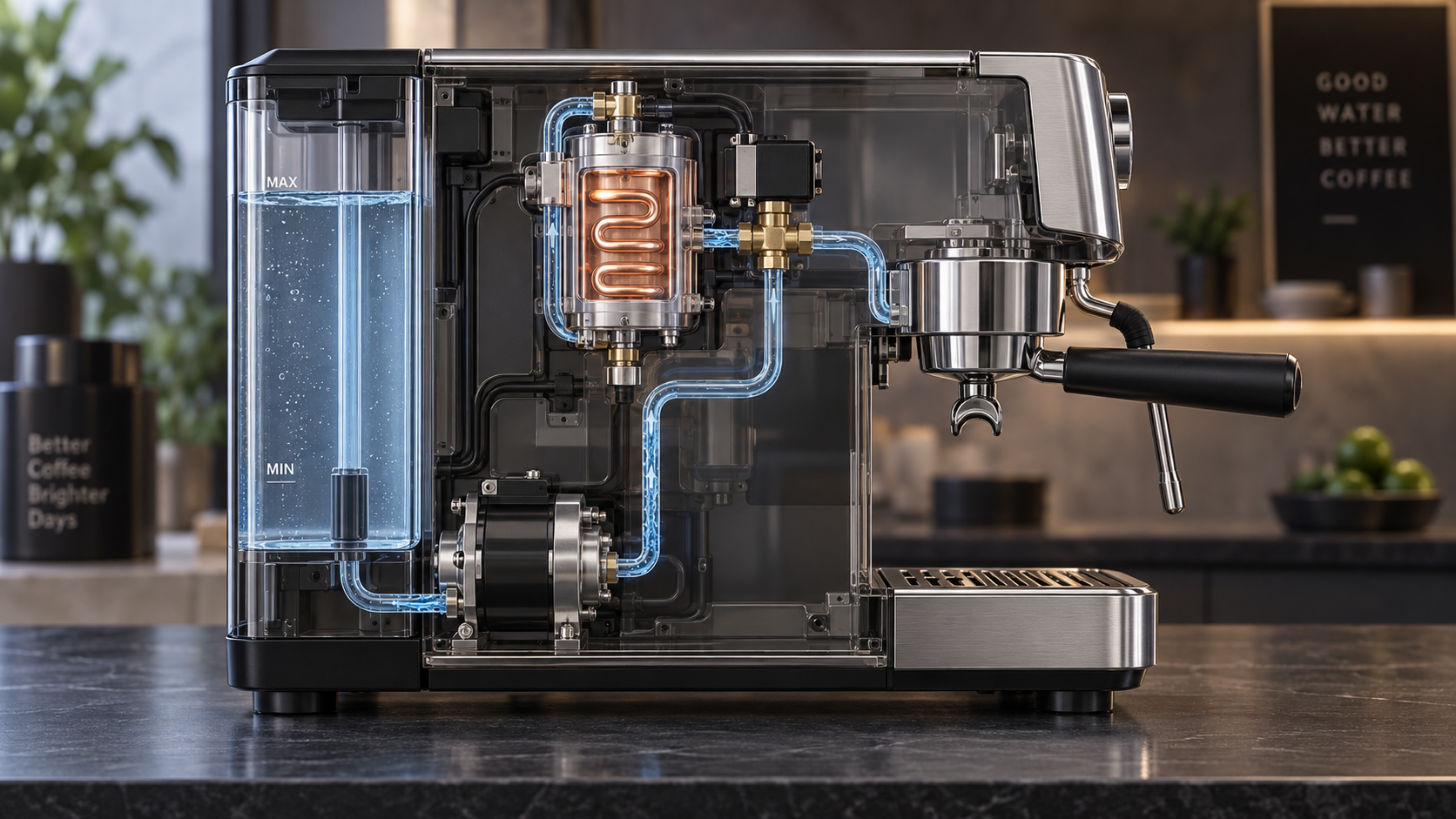Transparente Espressomaschine im sauberen Zustand