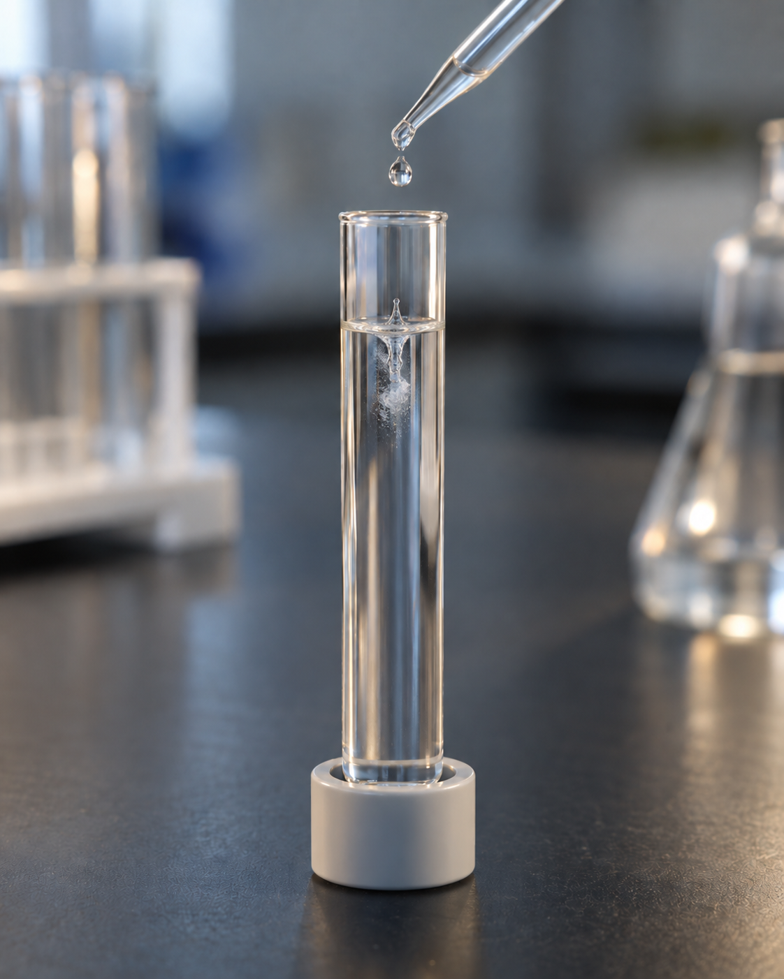 Reagenz tropft in die Wasserprobe
